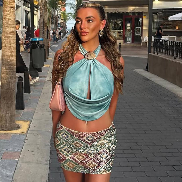 Sexy Knot Button Lace-Up Halter Dress