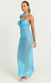 Emalene Maxi Dress - Crochet Floral Detail Dress in Blue