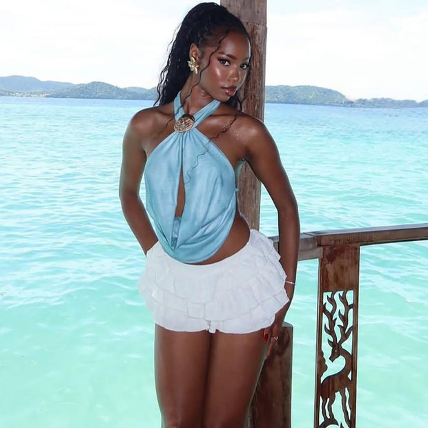 Sexy Knot Button Lace-Up Halter Dress