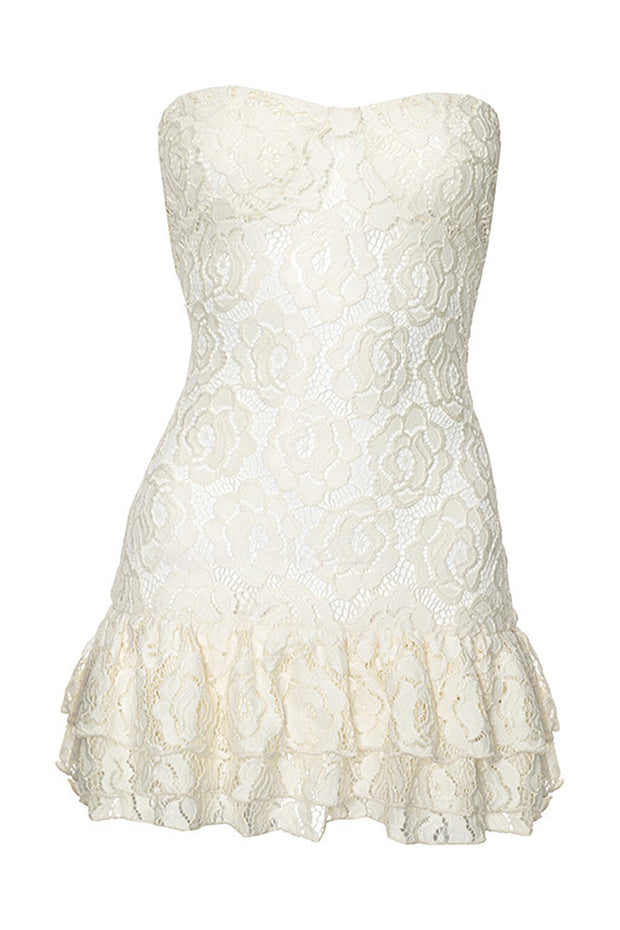 Strapless Floral Lace Layered Ruffled Hem Slim Fit Mini Dresses - Ivory