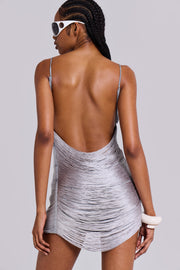 Lavinia Backless Fringe Mini Dress in Steel