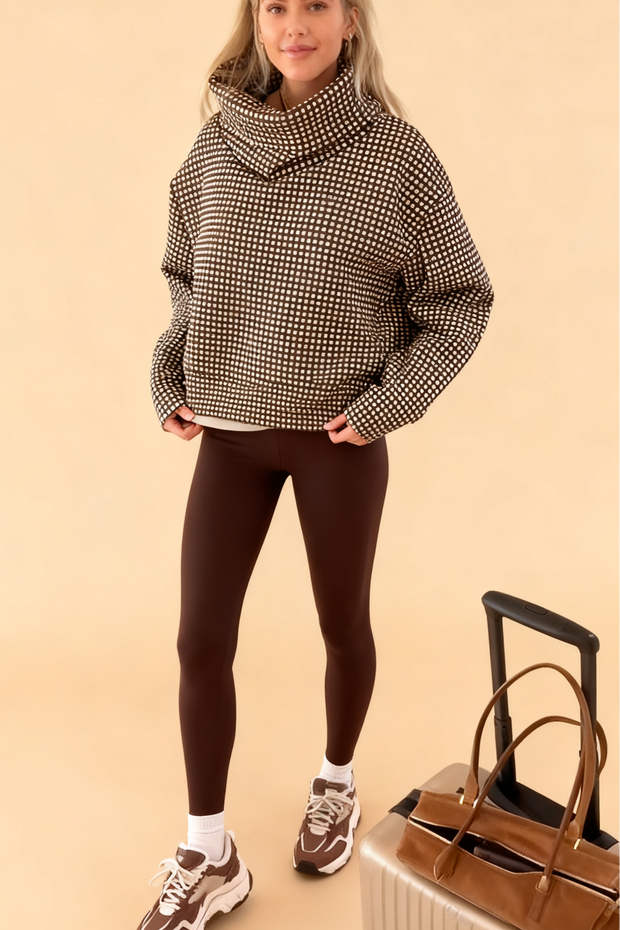 Grid Pattern Cowl Neck Oversized Sweatshirt