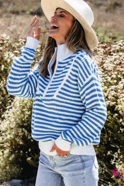 Blue Striped Quarter Zip Sweater