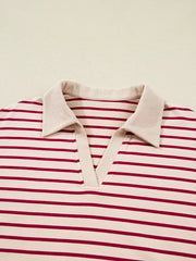 tripe Cropped Collared Drop Shoulder Pullover and Bubble Mini Skirt Set