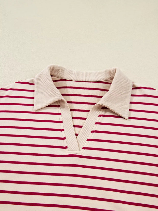 tripe Cropped Collared Drop Shoulder Pullover and Bubble Mini Skirt Set