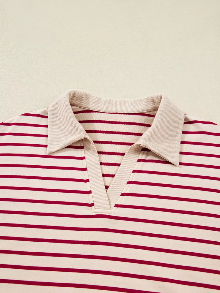 tripe Cropped Collared Drop Shoulder Pullover and Bubble Mini Skirt Set