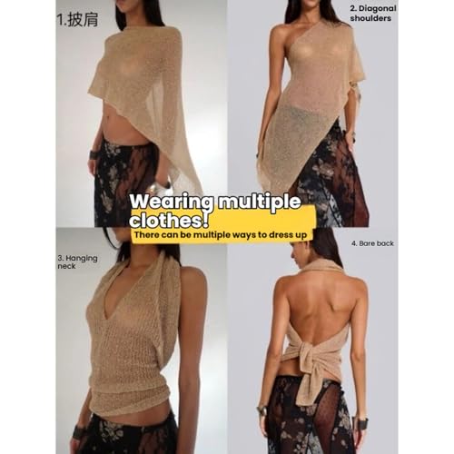 Sheer Mesh Poncho Y2K Lightweight Asymmetric Off Shoulder See Through Cover Up Shawl Sweater for Women Summer Beach Poncho