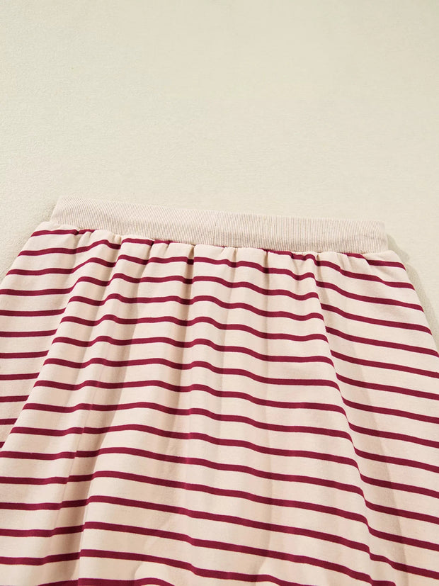 tripe Cropped Collared Drop Shoulder Pullover and Bubble Mini Skirt Set