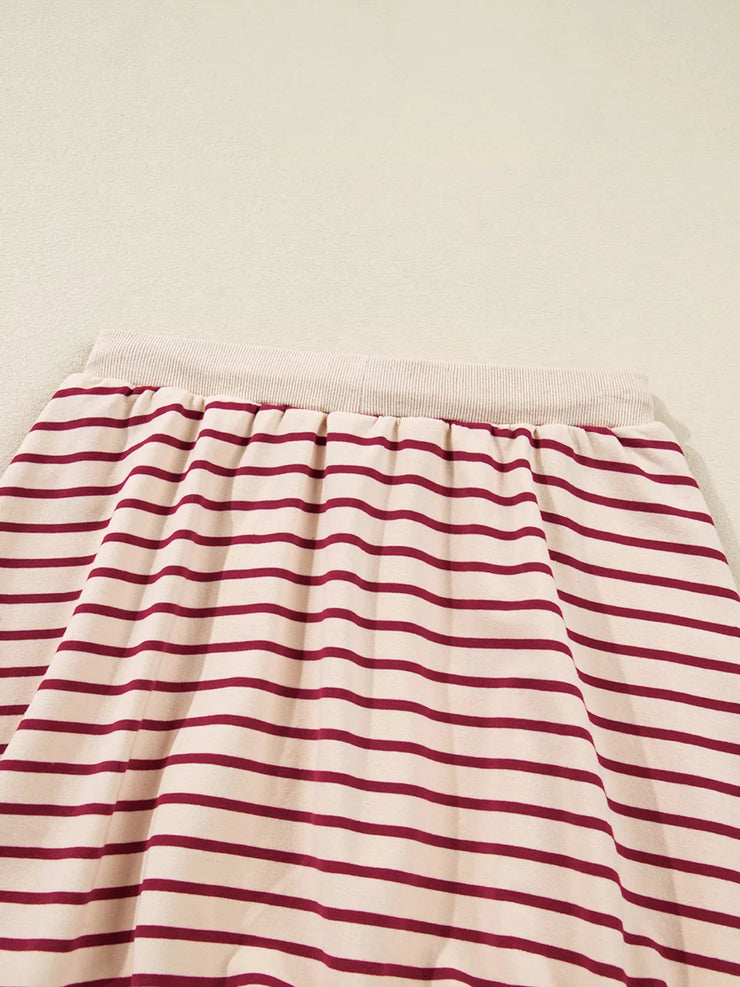 tripe Cropped Collared Drop Shoulder Pullover and Bubble Mini Skirt Set