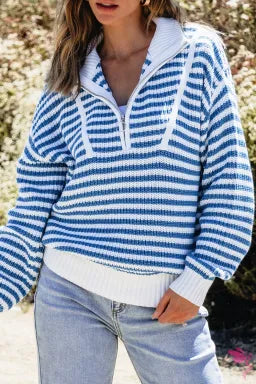 Blue Striped Quarter Zip Sweater