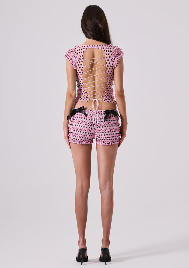 AMELIA RUFFLE TEE - PINK POLKA
