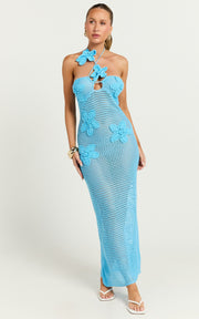 Emalene Maxi Dress - Crochet Floral Detail Dress in Blue