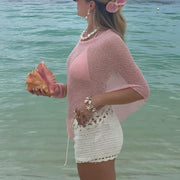 Sheer Mesh Poncho Y2K Lightweight Asymmetric Off Shoulder See Through Cover Up Shawl Sweater for Women Summer Beach Poncho