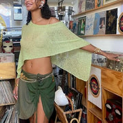 Sheer Mesh Poncho Y2K Lightweight Asymmetric Off Shoulder See Through Cover Up Shawl Sweater for Women Summer Beach Poncho