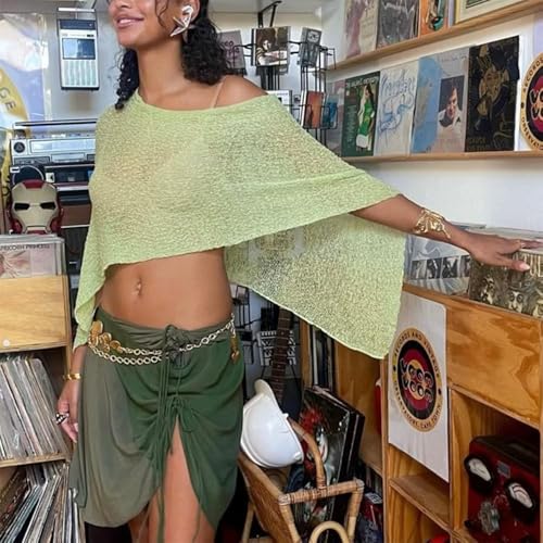 Sheer Mesh Poncho Y2K Lightweight Asymmetric Off Shoulder See Through Cover Up Shawl Sweater for Women Summer Beach Poncho