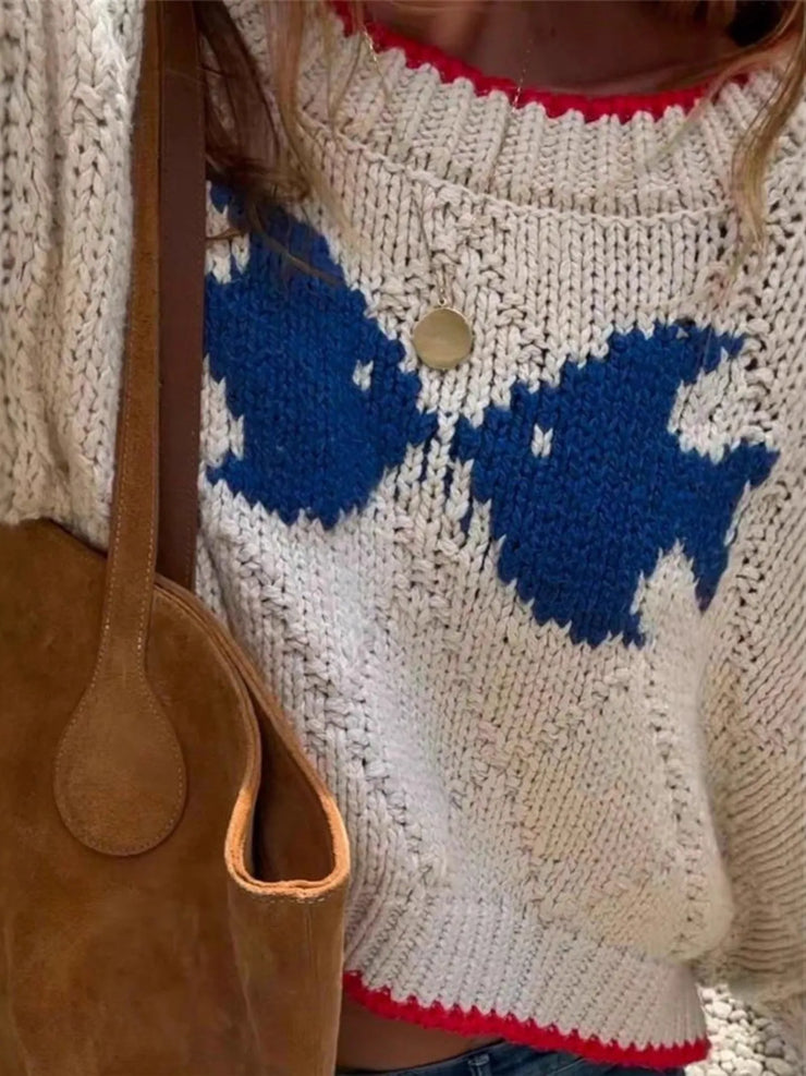 Fish Contrast Trim Round Neck Sweater