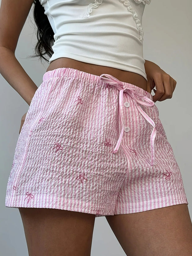 Bow Striped Drawstring Casual Shorts