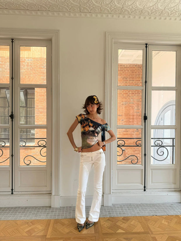 Andivogles Low Waisted Vintage Style White Bootcut Trousers