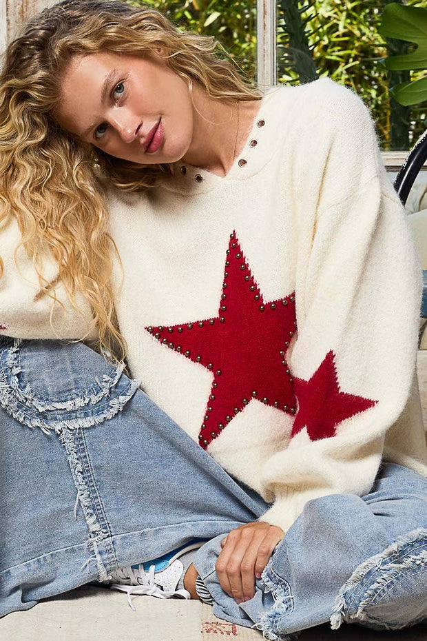 Balloon sleeve star pattern stud detail mohair sweater top