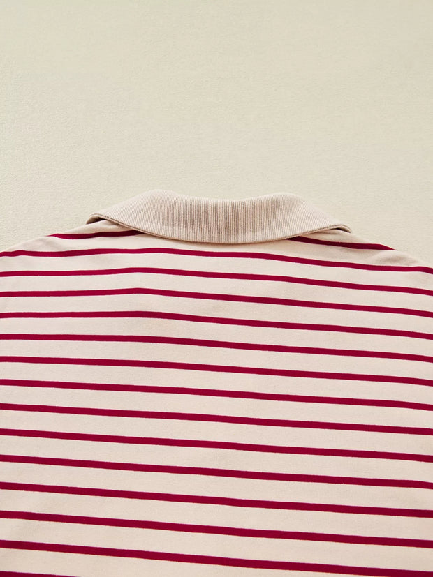 tripe Cropped Collared Drop Shoulder Pullover and Bubble Mini Skirt Set