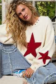 Balloon sleeve star pattern stud detail mohair sweater top