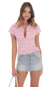 Button-Up Ruffle Top in Pink Plaid