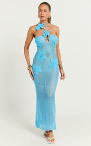 Emalene Maxi Dress - Crochet Floral Detail Dress in Blue