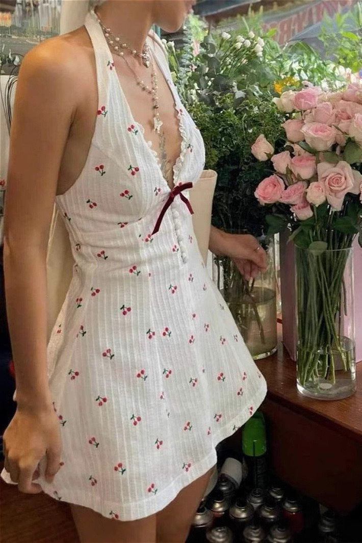 Cherry Print Halter Backless Mini Dress