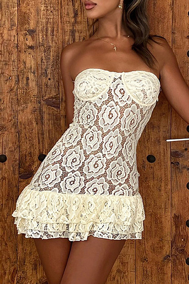 Strapless Floral Lace Layered Ruffled Hem Slim Fit Mini Dresses - Ivory