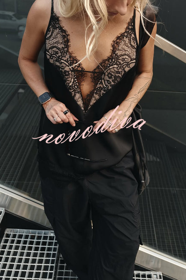 Versatile and Elegant Items Lace Petal Trim Cutout V-neck Slip Loose Tank