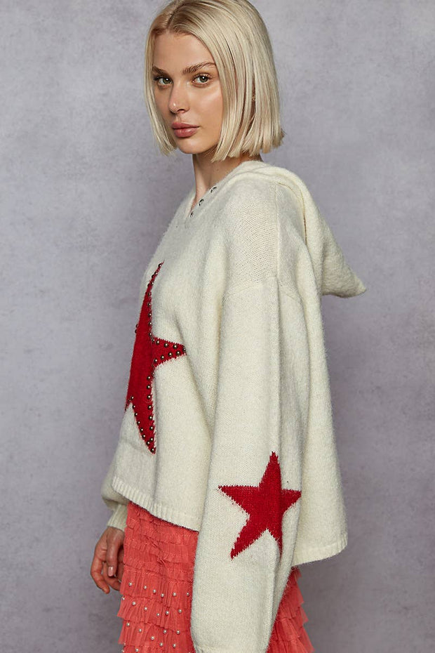 Balloon sleeve star pattern stud detail mohair sweater top