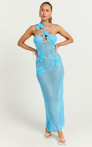 Emalene Maxi Dress - Crochet Floral Detail Dress in Blue