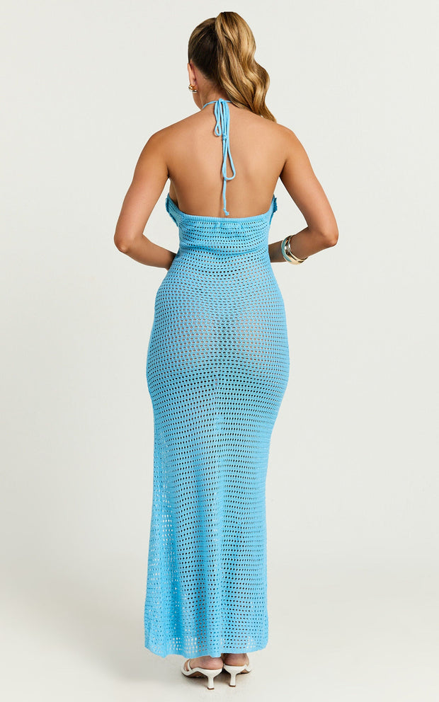 Emalene Maxi Dress - Crochet Floral Detail Dress in Blue