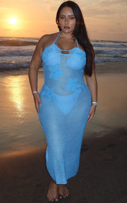 Emalene Maxi Dress - Crochet Floral Detail Dress in Blue