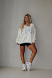 "USA" Varsity Pullover-Ivory Multi