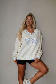 "USA" Varsity Pullover-Ivory Multi