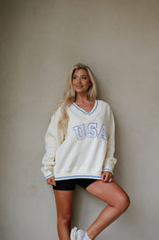 "USA" Varsity Pullover-Ivory Multi