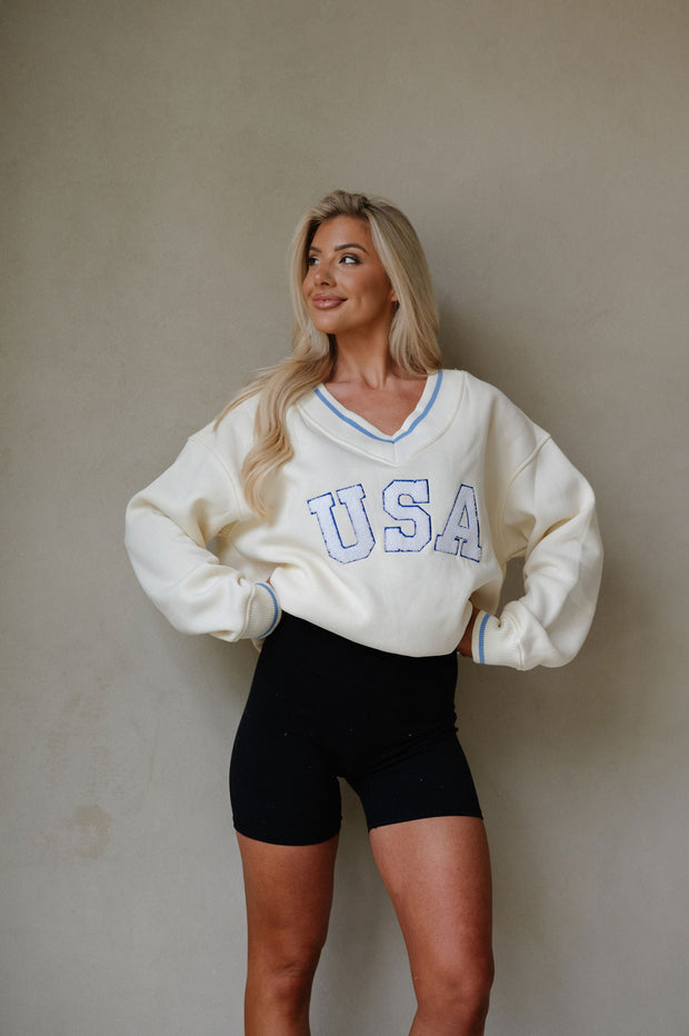 "USA" Varsity Pullover-Ivory Multi