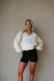 "USA" Varsity Pullover-Ivory Multi