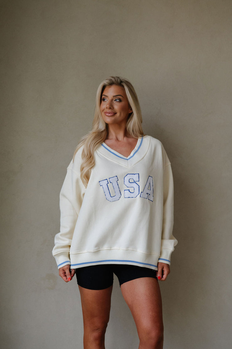 "USA" Varsity Pullover-Ivory Multi