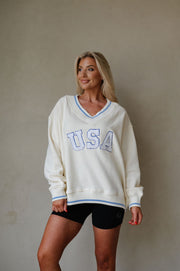 "USA" Varsity Pullover-Ivory Multi
