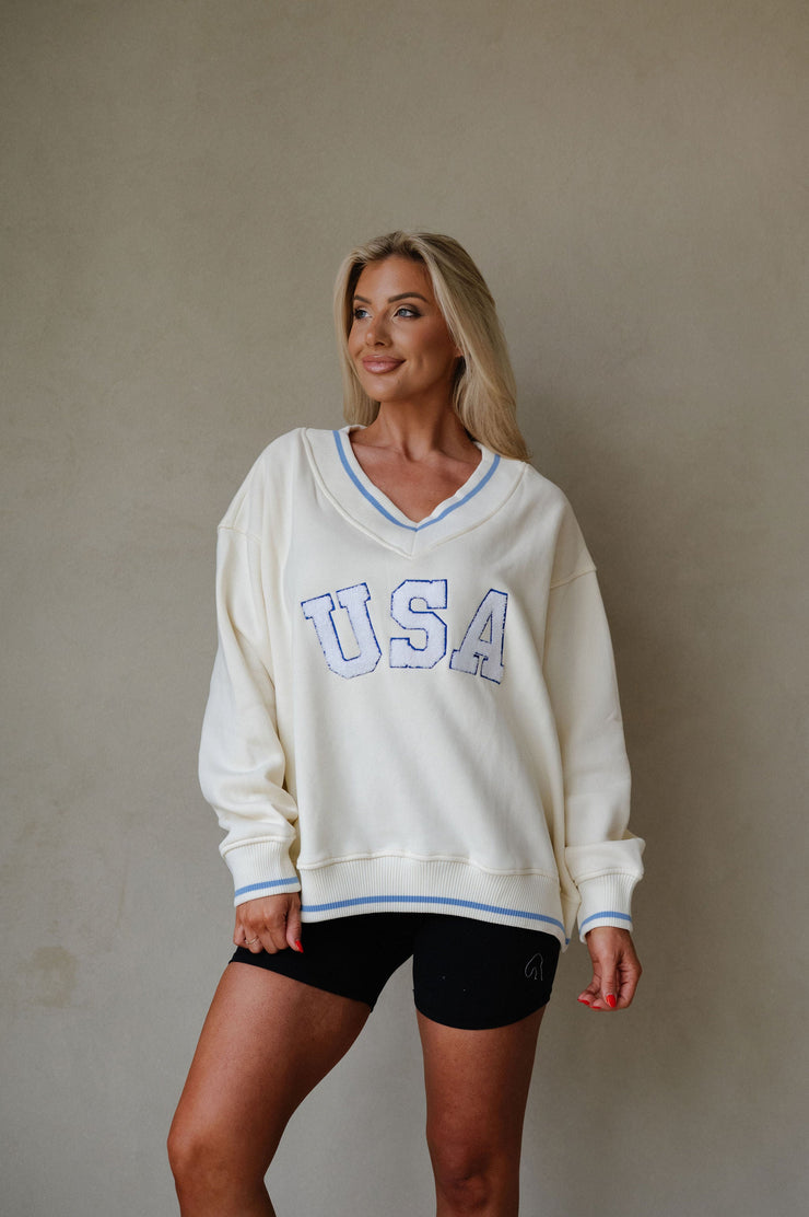 "USA" Varsity Pullover-Ivory Multi