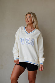 "USA" Varsity Pullover-Ivory Multi