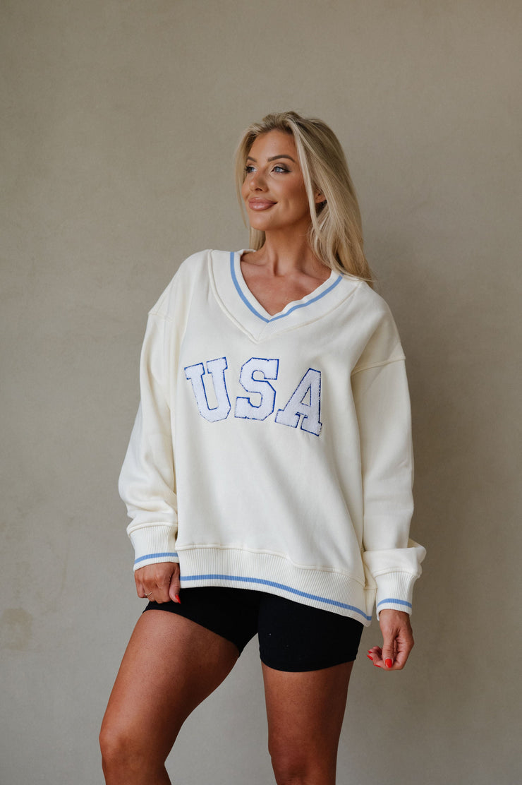 "USA" Varsity Pullover-Ivory Multi
