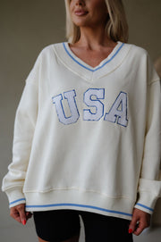 "USA" Varsity Pullover-Ivory Multi