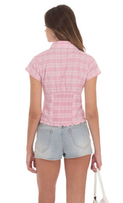 Button-Up Ruffle Top in Pink Plaid