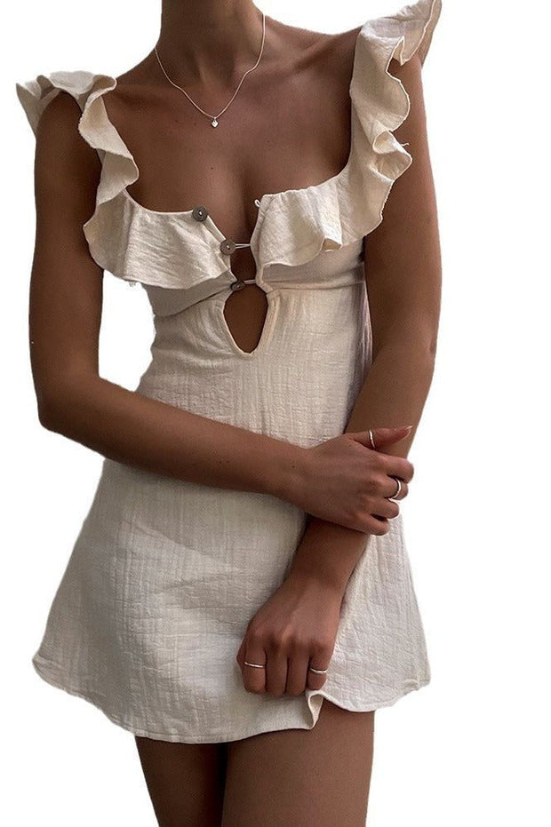 U-Neck Lotus Leaf Lace Short Mini Dress