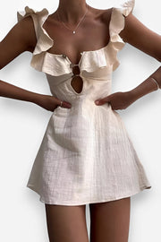 U-Neck Lotus Leaf Lace Short Mini Dress