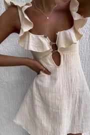 U-Neck Lotus Leaf Lace Short Mini Dress