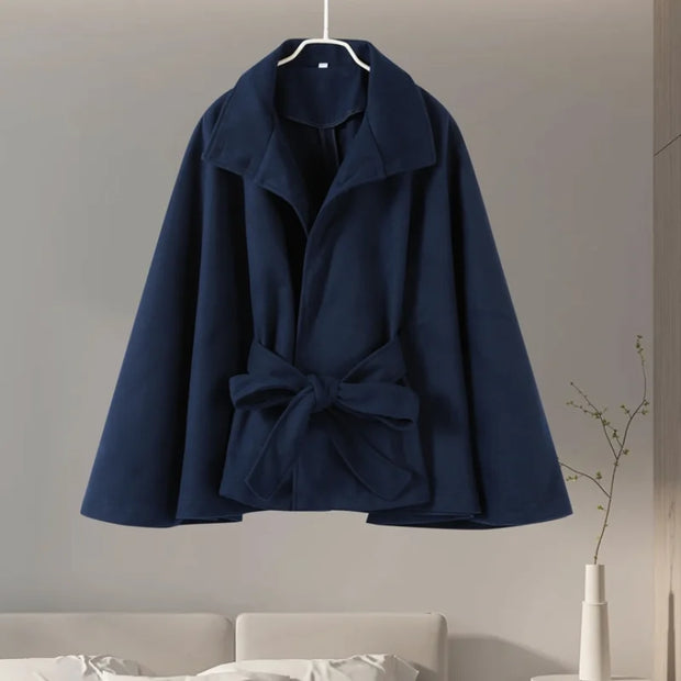 Belts Women Winter Woolen Coats 2025 Autumn Single Breasted Long Batwing Sleeve Female Jacket Solid Office Street Short Coat Top